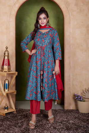 Blue Floral Printed Cotton Anarkali Suit Set