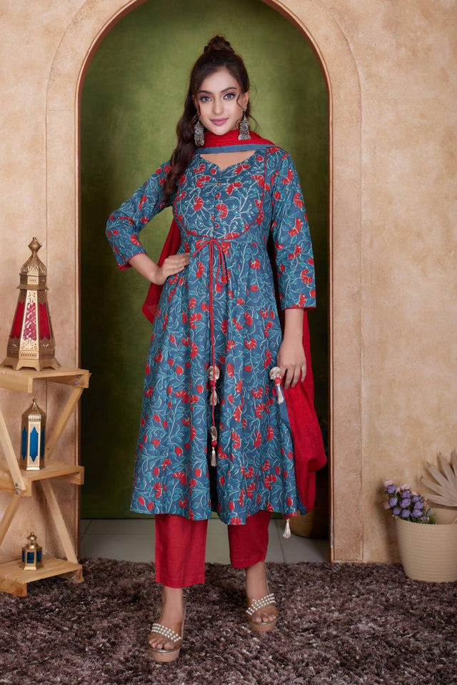Blue Floral Printed Cotton Anarkali Suit Set