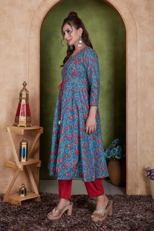 Blue Floral Printed Cotton Anarkali Suit Set