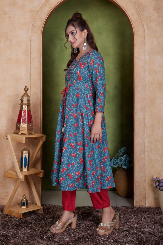 Blue Floral Printed Cotton Anarkali Suit Set