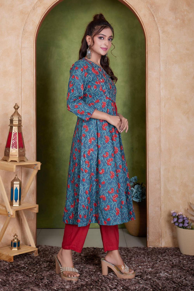 Blue Floral Printed Cotton Anarkali Suit Set