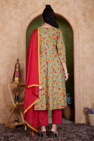 Mustard Floral Printed Cotton Kurti Pant Set