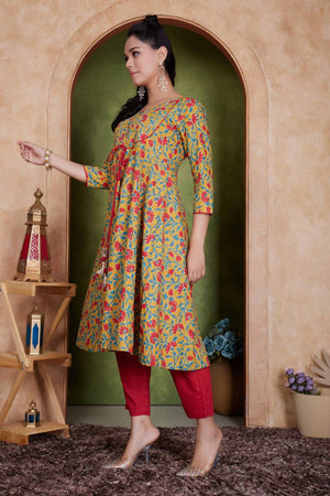 Mustard Floral Printed Cotton Kurti Pant Set