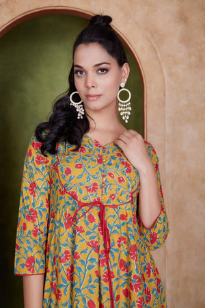 Mustard Floral Printed Cotton Kurti Pant Set