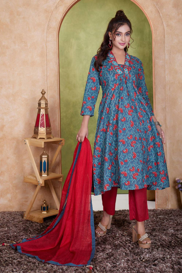 Blue Floral Printed Cotton Anarkali Suit Set