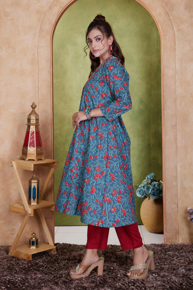 Blue Floral Printed Cotton Anarkali Suit Set