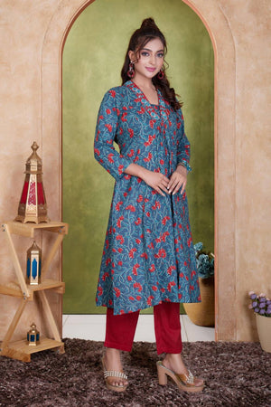 Blue Floral Printed Cotton Anarkali Suit Set