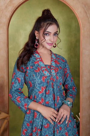 Blue Floral Printed Cotton Anarkali Suit Set