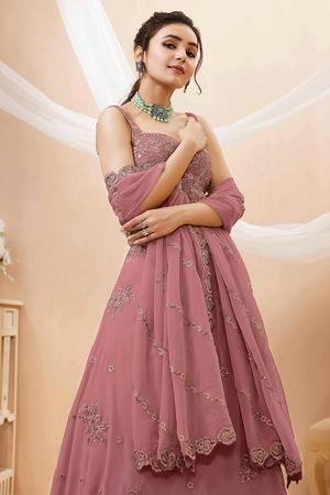 Peach Sequin with Floral Embroidered Georgette Lehenga (7060-PEACH)