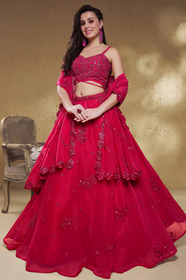 Pink Sequin with Floral Embroidered Georgette Lehenga (7060-PINK)