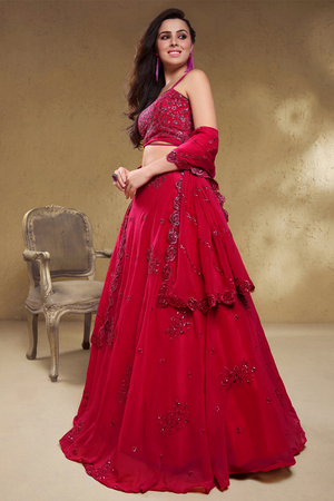 Pink Sequin with Floral Embroidered Georgette Lehenga (7060-PINK)