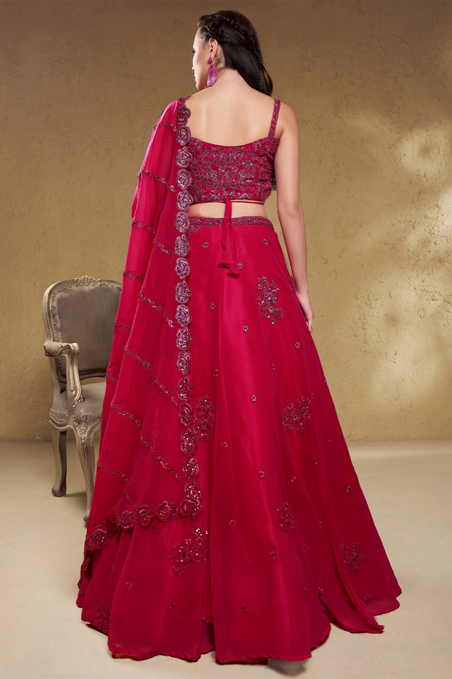 Pink Sequin with Floral Embroidered Georgette Lehenga (7060-PINK)