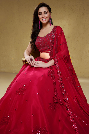 Pink Sequin with Floral Embroidered Georgette Lehenga (7060-PINK)