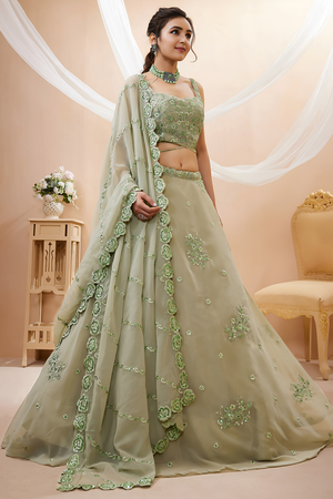 Green Sequin with Floral Embroidered Georgette Lehenga (7060-PISTA)