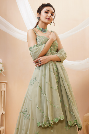 Green Sequin with Floral Embroidered Georgette Lehenga (7060-PISTA)