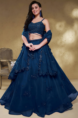 Blue Sequin with Floral Embroidered Georgette Lehenga (7060-BLUE)