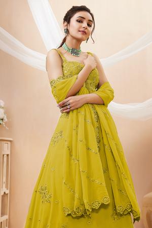 Yellow Sequin with Floral Embroidered Georgette Lehenga (7060-YELLOW)