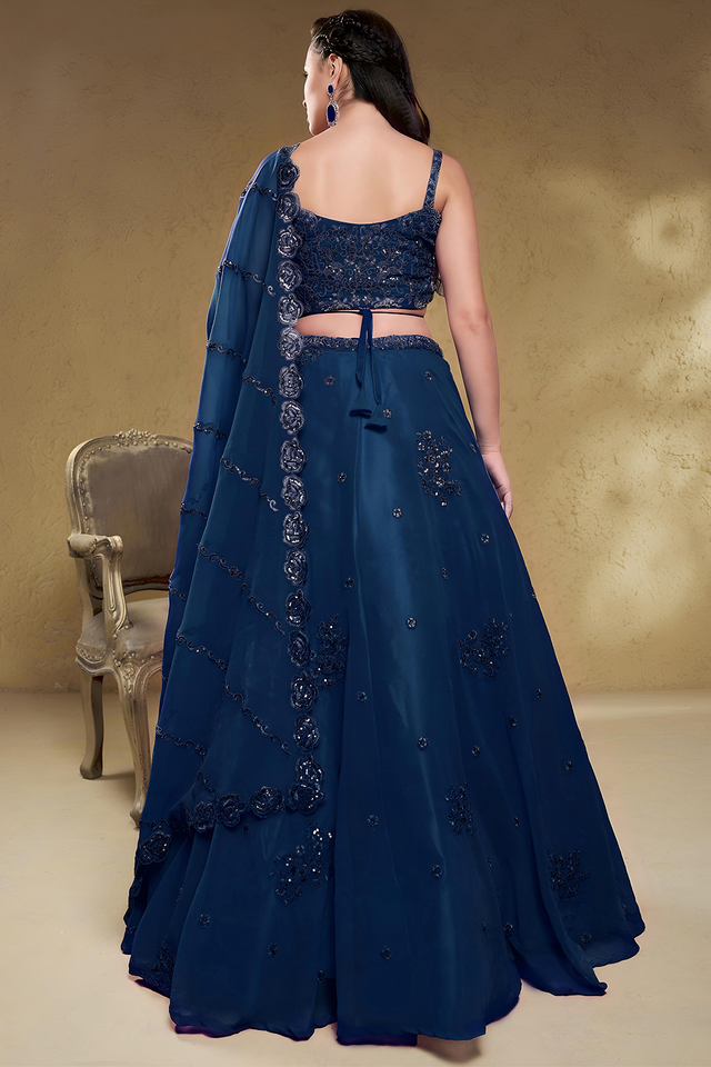 Blue Sequin with Floral Embroidered Georgette Lehenga (7060-BLUE)