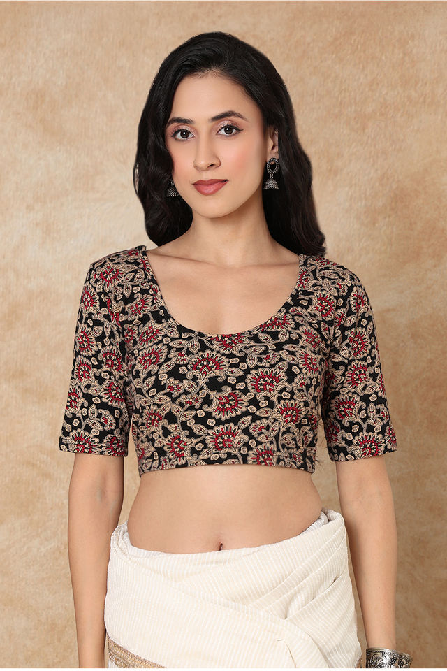 Black Floral Printed Lycra Blouse (RF-0302-BLCK)