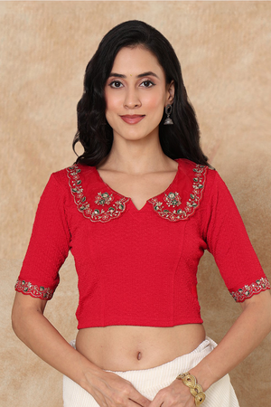 Red Floral Embroidered Lycra Blouse (RF-0303-RED)