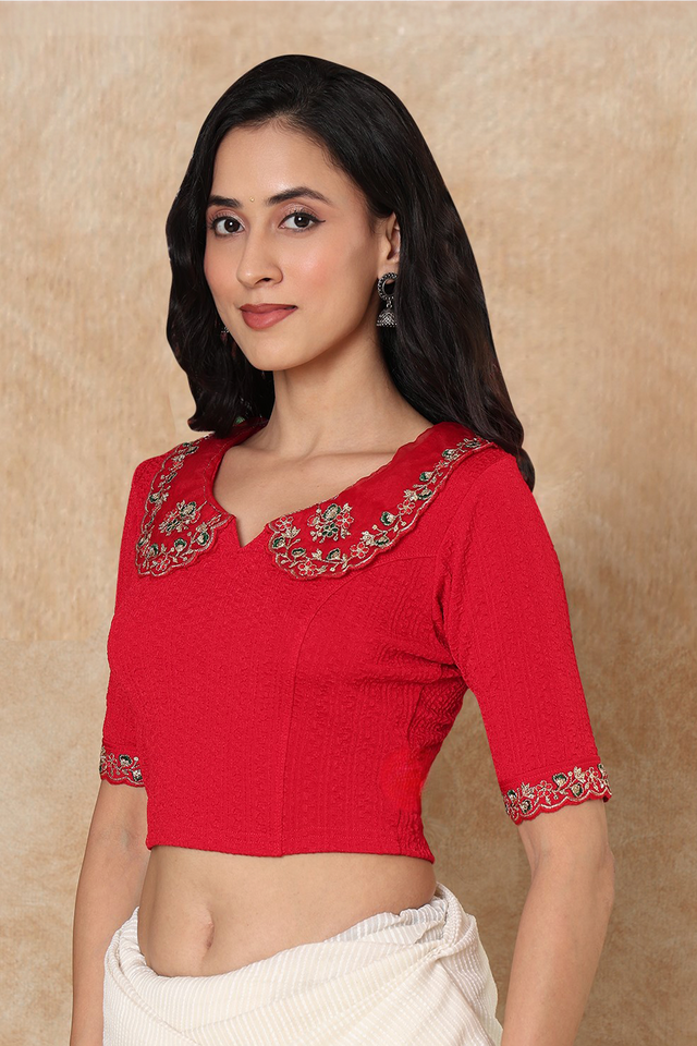 Red Floral Embroidered Lycra Blouse (RF-0303-RED)