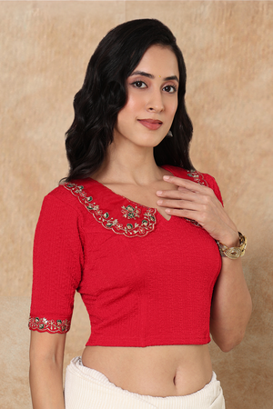 Red Floral Embroidered Lycra Blouse (RF-0303-RED)