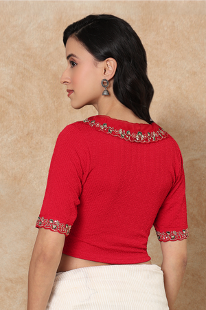 Red Floral Embroidered Lycra Blouse (RF-0303-RED)