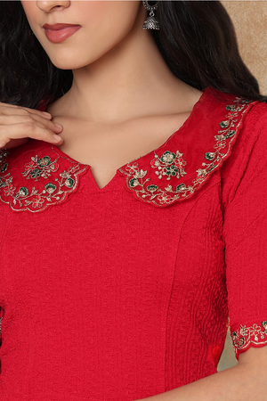 Red Floral Embroidered Lycra Blouse (RF-0303-RED)