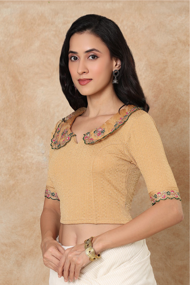 Gold Floral Embroidered Lycra Blouse (RF-0304-GOLD)