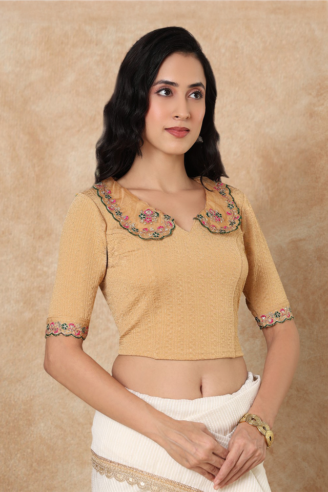 Gold Floral Embroidered Lycra Blouse (RF-0304-GOLD)
