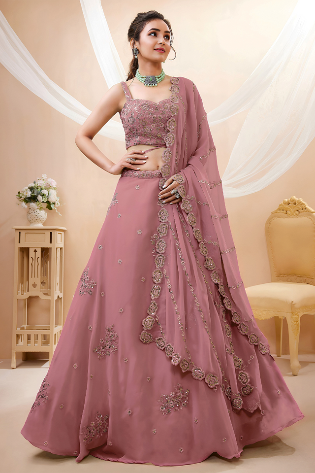 Peach Sequin with Floral Embroidered Georgette Lehenga (7060-PEACH)