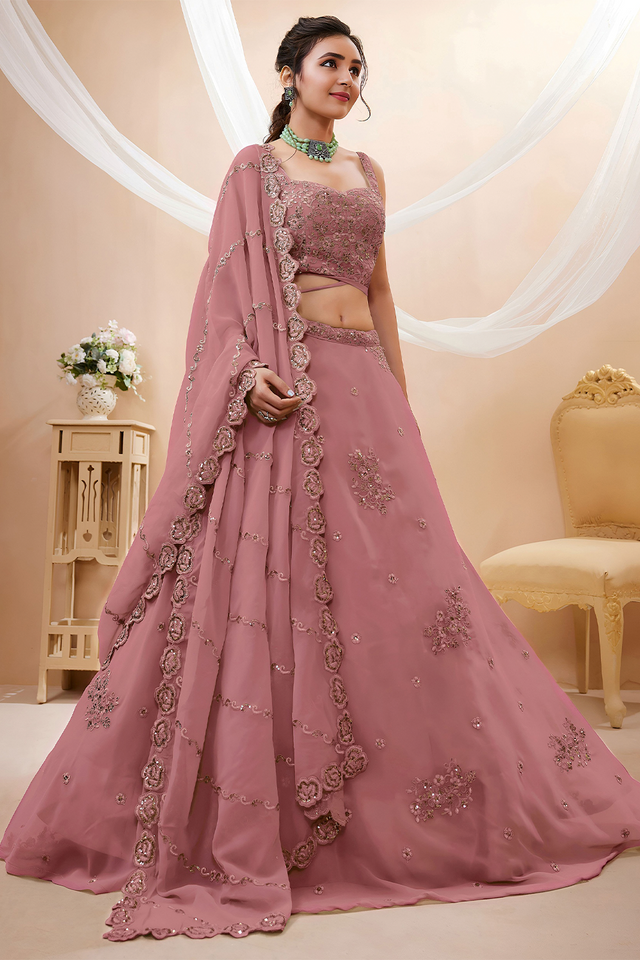 Peach Sequin with Floral Embroidered Georgette Lehenga (7060-PEACH)