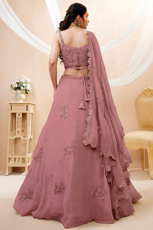 Peach Sequin with Floral Embroidered Georgette Lehenga (7060-PEACH)