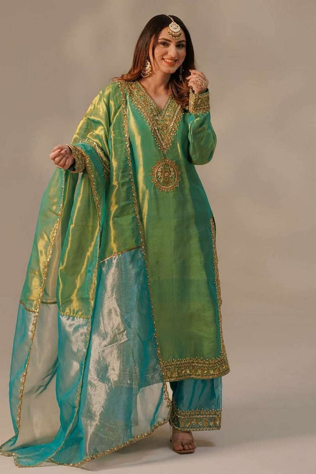 Green Embroidered Organza Palazzo Suit Set
