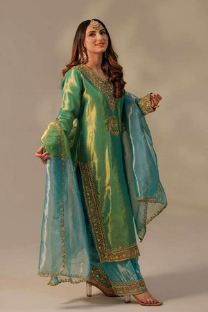 Green Embroidered Organza Palazzo Suit Set