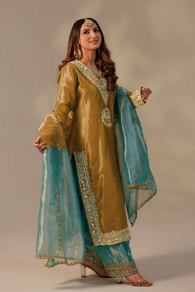 Mustard Embroidered Organza Palazzo Suit Set