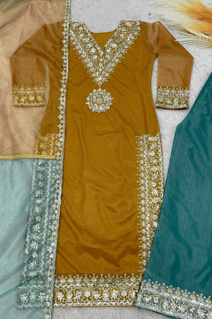 Mustard Embroidered Organza Palazzo Suit Set