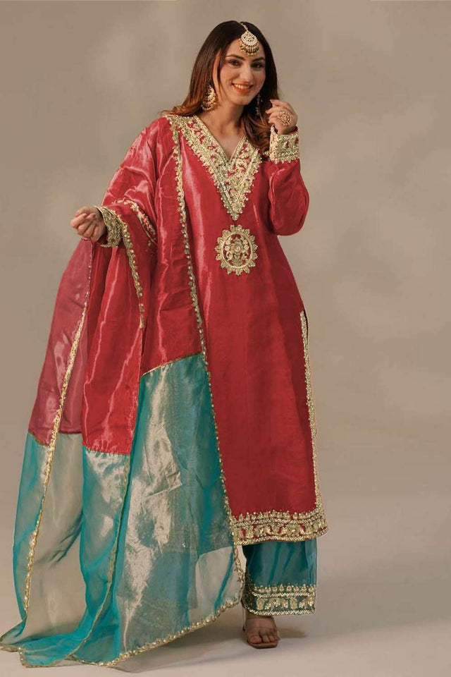 Red Embroidered Organza Palazzo Suit Set