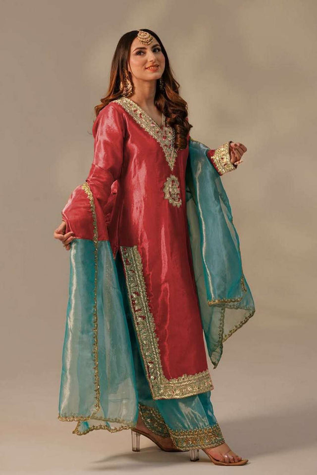 Red Embroidered Organza Palazzo Suit Set