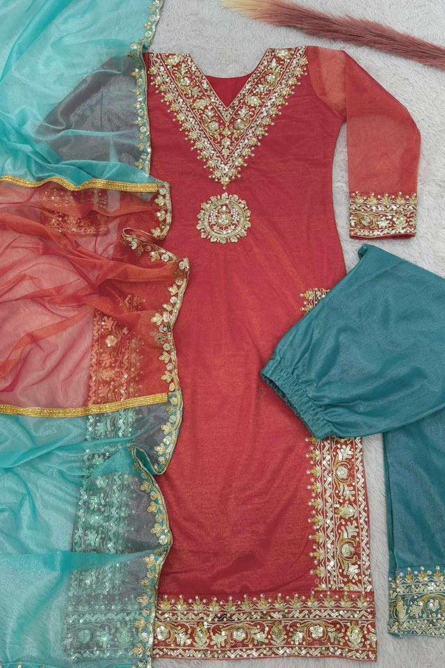 Red Embroidered Organza Palazzo Suit Set