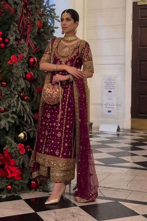 Wine Embroidered Georgette Pakistani Suit Set