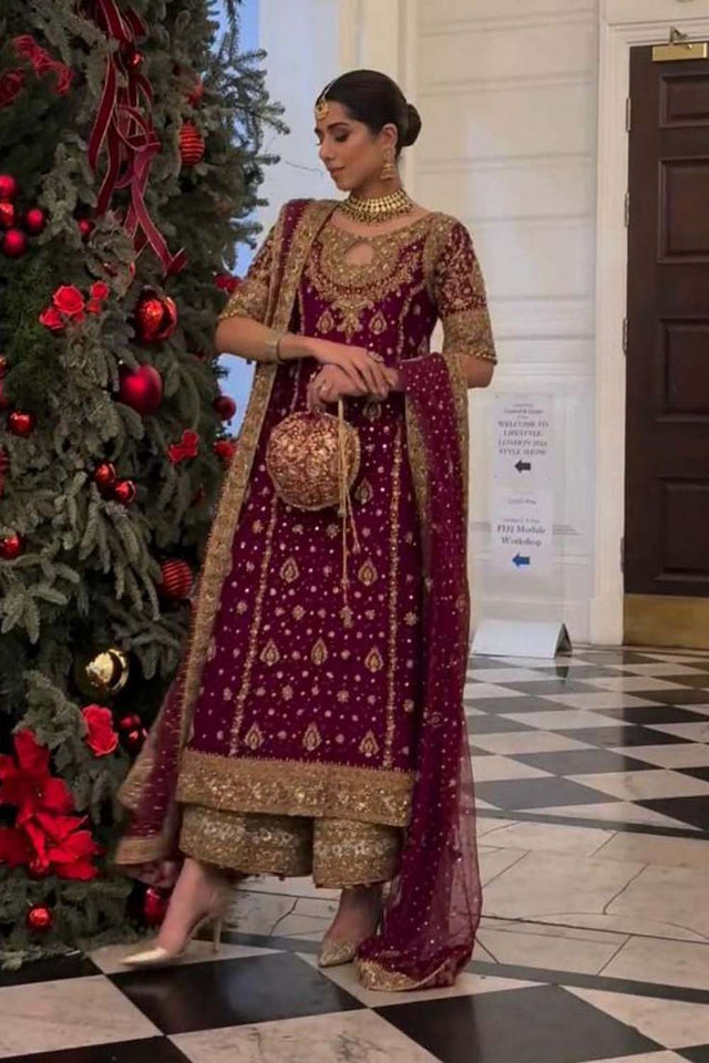 Wine Embroidered Georgette Pakistani Suit Set