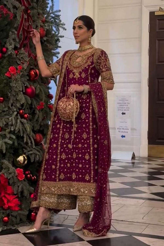 Wine Embroidered Georgette Pakistani Suit Set