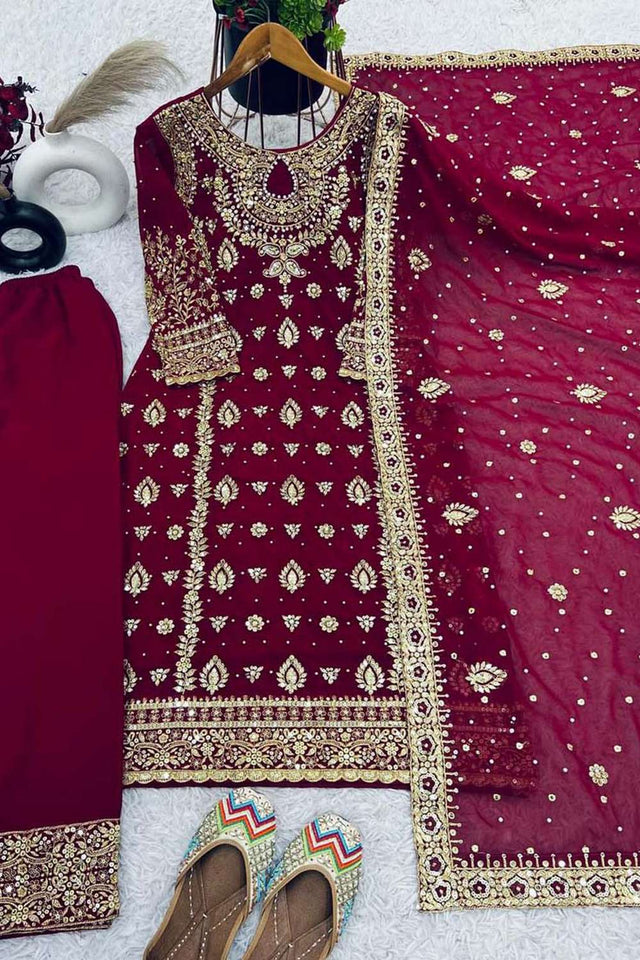 Wine Embroidered Georgette Pakistani Suit Set