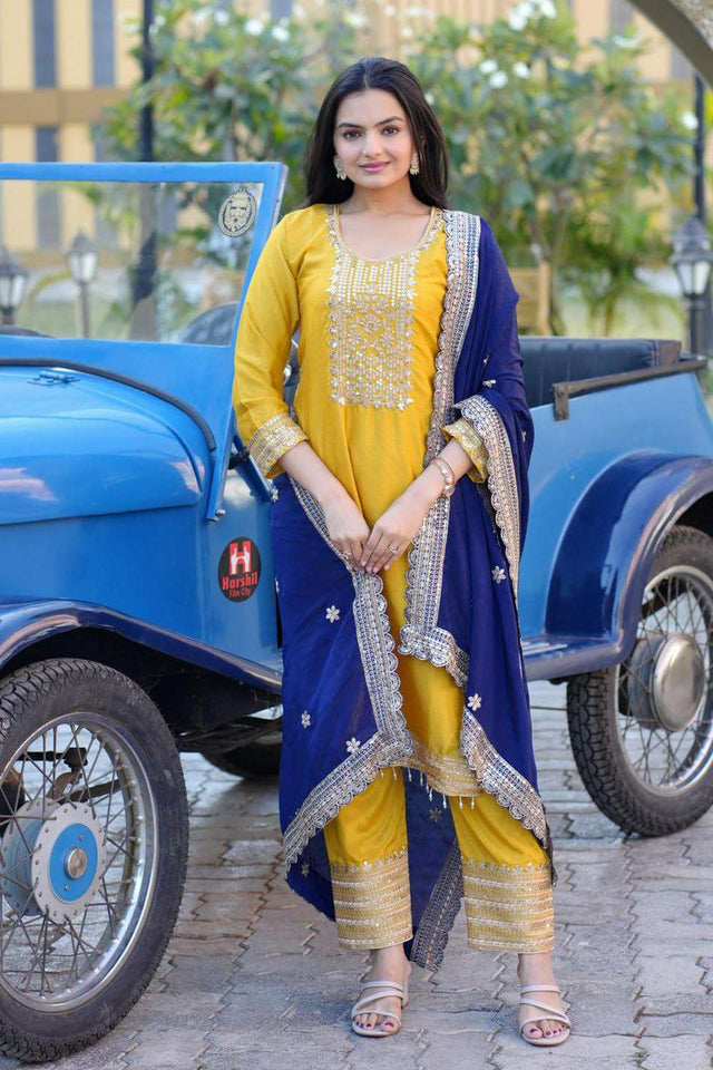 Yellow Embroidered Silk Kurti Pant Set