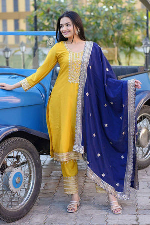Yellow Embroidered Silk Kurti Pant Set