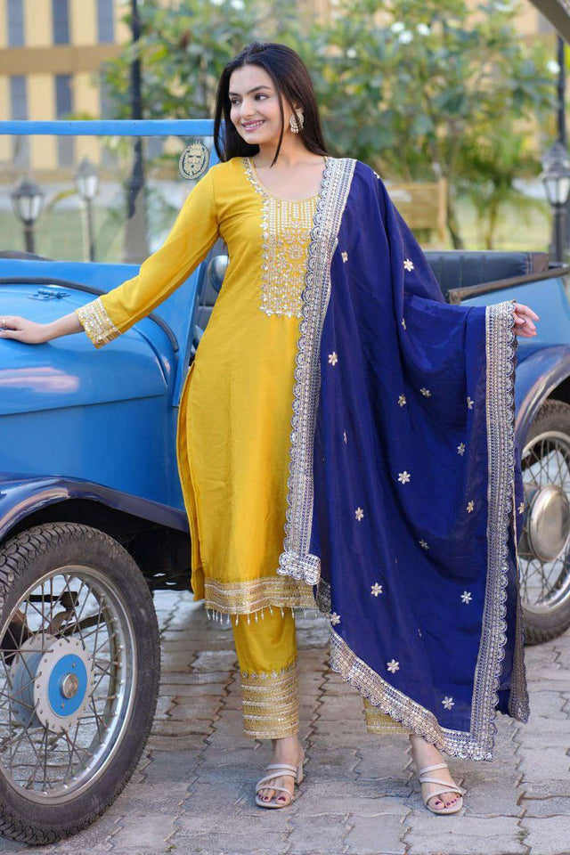 Yellow Embroidered Silk Kurti Pant Set