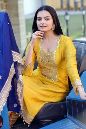 Yellow Embroidered Silk Kurti Pant Set