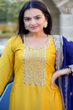 Yellow Embroidered Silk Kurti Pant Set