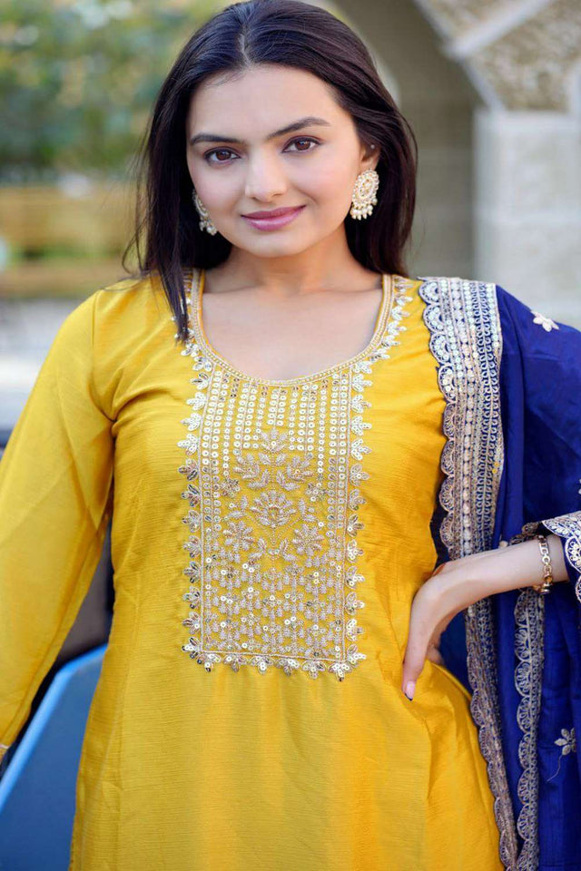 Yellow Embroidered Silk Kurti Pant Set